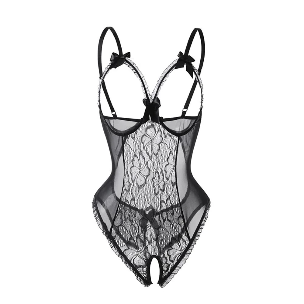 GIVTULIP Women Sexy 3 Pieces Lace Lingerie Mesh Babydoll Transparent Bodysuit V Neck Leotard Hollow Out Bodycon Summer Nightdress See Through Backless Underwear Nightwear with Silicone Nipple Covers