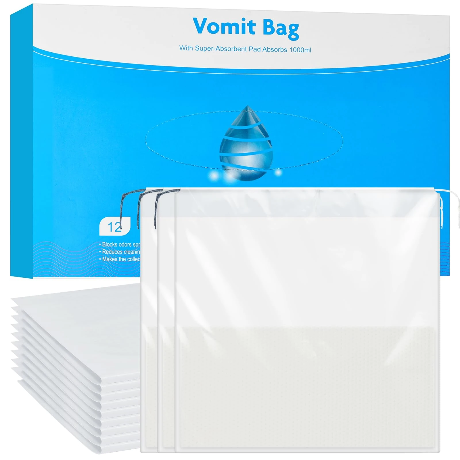 AOGOE Absorbent Sick Bags, 12 Pack Leak Resistant Vomit Bags, Turns Vomit into Gel, 1000ml Portable Sick Bag for Car Travel, Boat or Plane, No Mess Travel Sick Bags for Kids and Pregnancy, Zero Odour