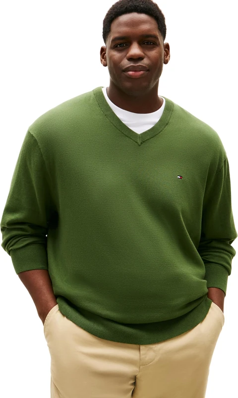 Tommy Hilfiger Men BT-Essential Cotton V Neck-B MW0MW43012 Pullover Sweater, Green, 5XL_Plus - Image 1