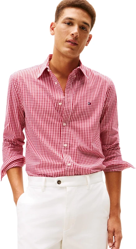 Tommy Hilfiger Men Flex POPLIN Big Gingham RF Shirt MW0MW41713 L/S Shirt, RED, XS