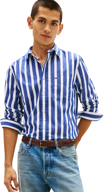 Tommy Hilfiger Men Flex POPLIN Bold Stripe Shirt MW0MW41715 L/S Shirt, Blue, S