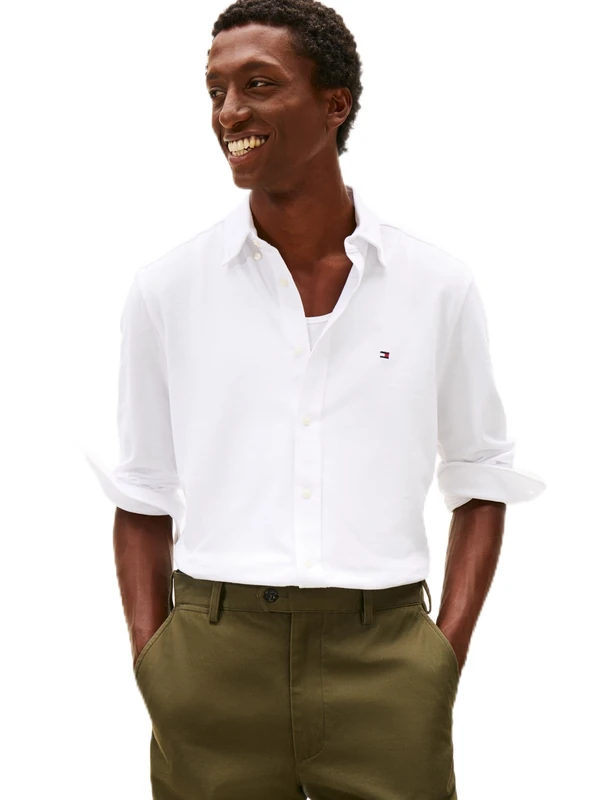 Tommy Hilfiger Men Knit Pique Featherweight Shirt MW0MW41690 L/S Shirt, White, S