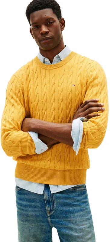 Tommy Hilfiger Men Classic Cotton Cable Crew Neck MW0MW33132 Pullover Sweater, Yellow, XS
