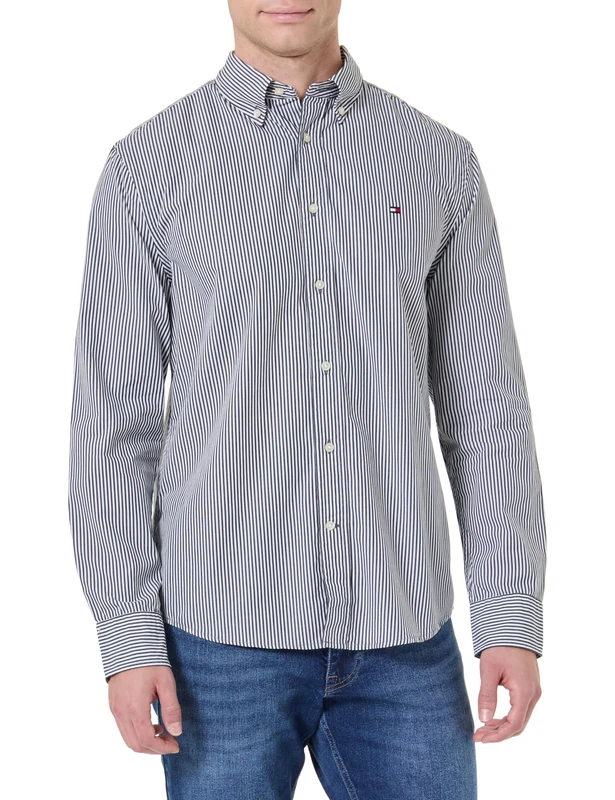 Tommy Hilfiger Men CORE Flex POP Classic STP Shirt MW0MW41403 L/S Shirt, Black, L