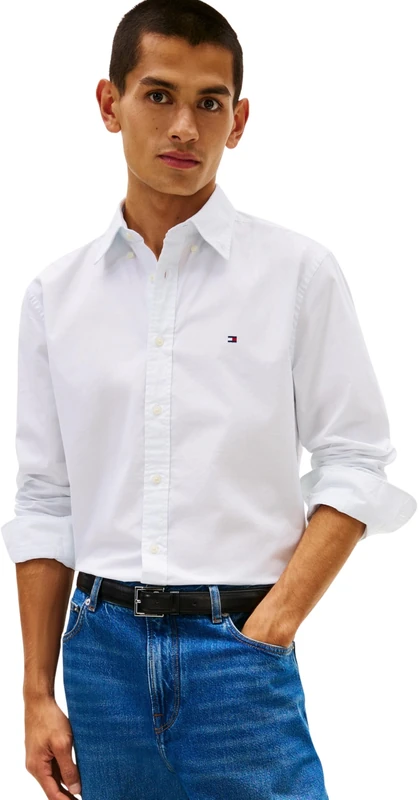Tommy Hilfiger Men Flex POPLIN Fake Solid RF Shirt MW0MW41711 L/S Shirt, Blue, S