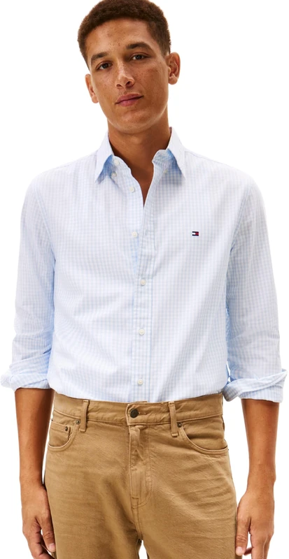Tommy Hilfiger Men Flex POPLIN Big Gingham RF Shirt MW0MW41713 L/S Shirt, Blue, XS