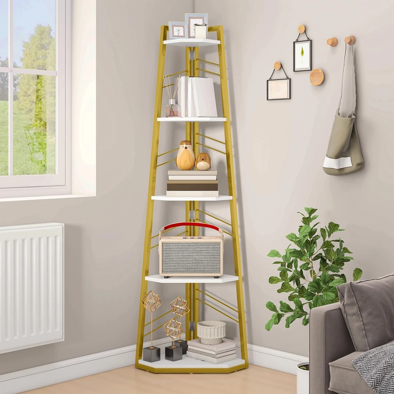 DWVO Corner Shelf 5 Tiers, Corner Bookshelf with Metal Frame, Industrial Ladder Bookcase Floorstanding Display Shelf Tall Storage Rack for Living Room Kitchen Bedroom, Gold and White Book Shelves