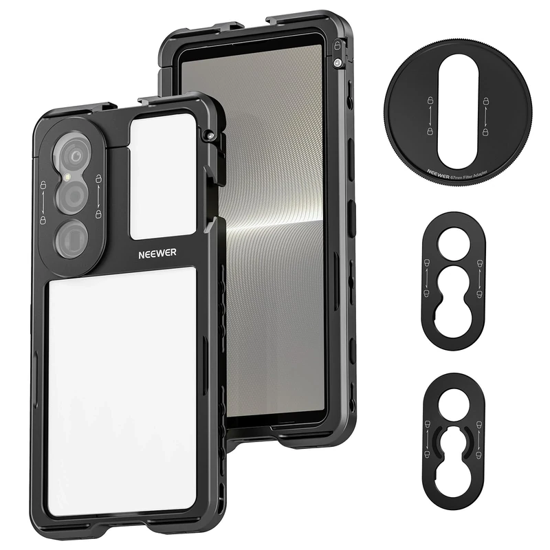 NEEWER Xperia 1 V Cage, Quick Release Video Rig Case Phone Stabilizer Holder for Recording Filming, 67mm Filter Adapter, 17mm Lens Backplate, T Mount Lens Backplate Compatible with Moment Sony, PA087