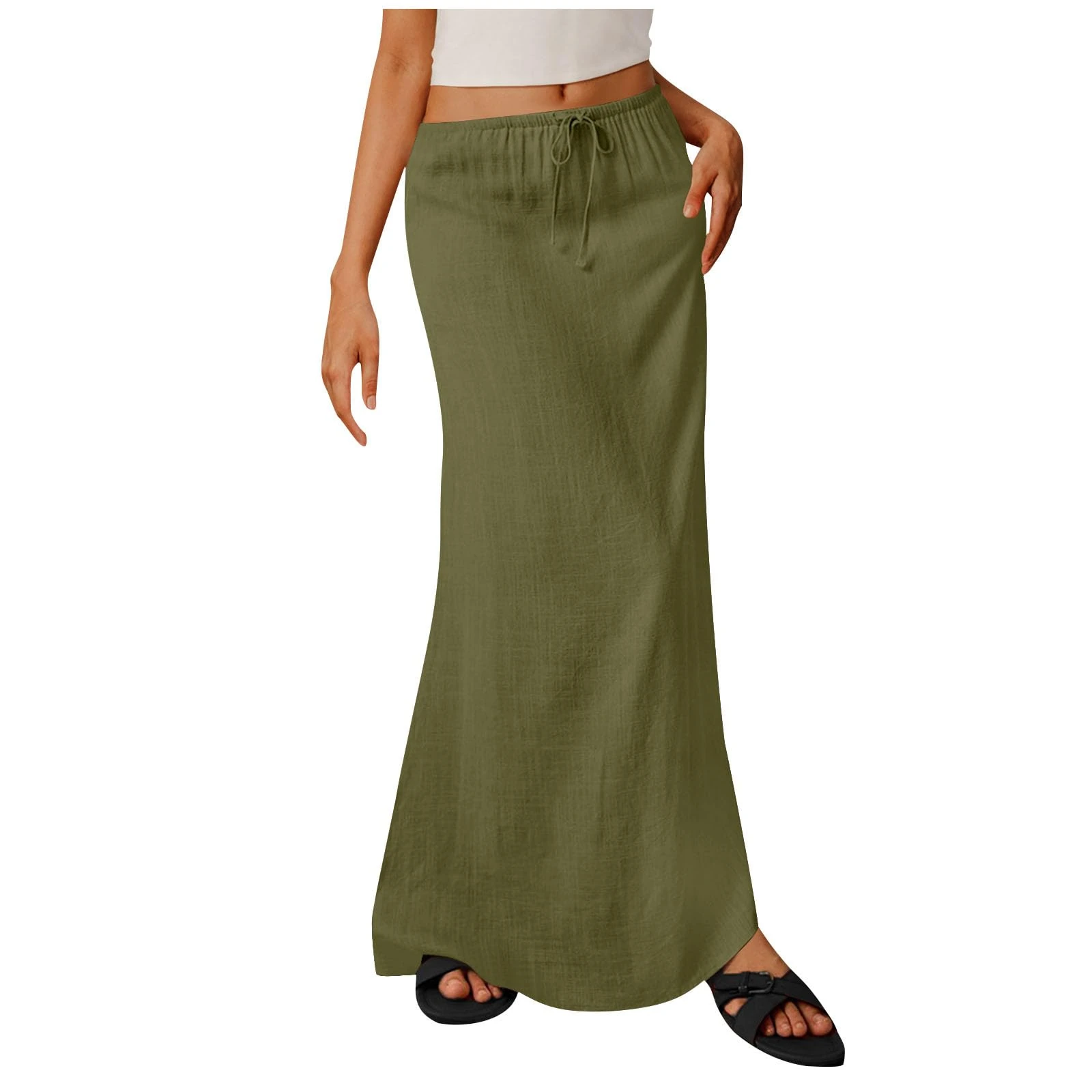 Women's Linen Skirts Ladies Summer Skirts Retro Cotton and Linen Maxi Skirt Elasticated Waist Flowy Full Length Skirt Lace up Retro Casual Half Dress UK Sale Clearance Army Green