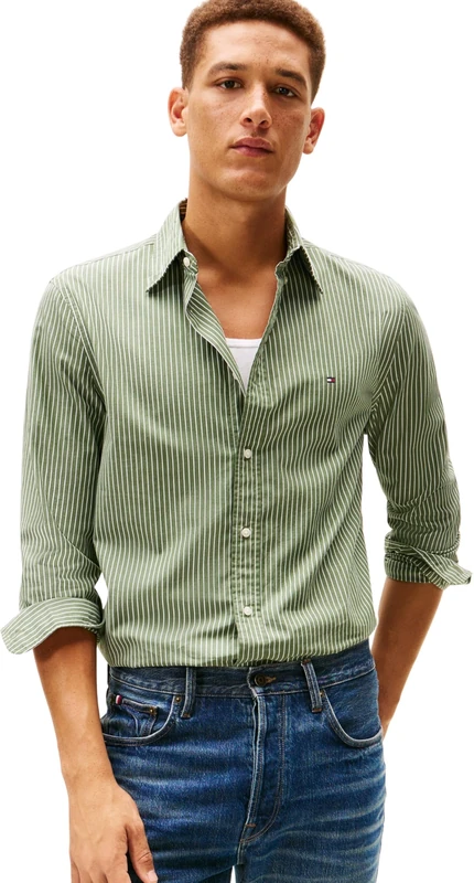 Tommy Hilfiger Men CORE Hairline POPLIN RF Shirt MW0MW41399 L/S Shirt, Green, M