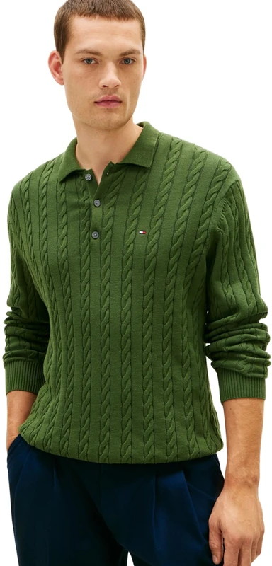 Tommy Hilfiger Men Classic Cotton Cable LS Polo MW0MW41955 Pullover Sweater, Green, XL