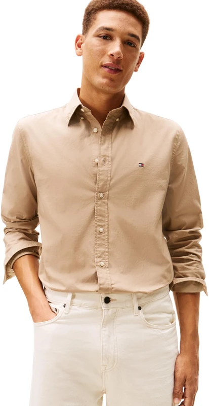 Tommy Hilfiger Men Flex POPLIN Solid RF Shirt MW0MW37550 L/S Shirt, Beige, S