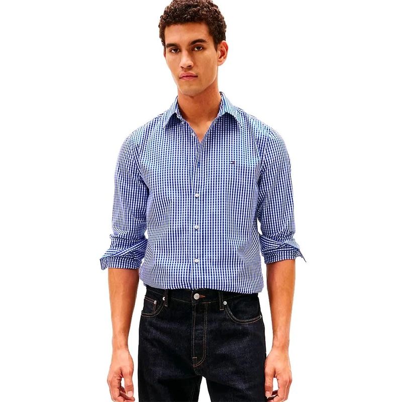 Tommy Hilfiger Men Flex POPLIN Big Gingham RF Shirt MW0MW41713 L/S Shirt, Blue, XL