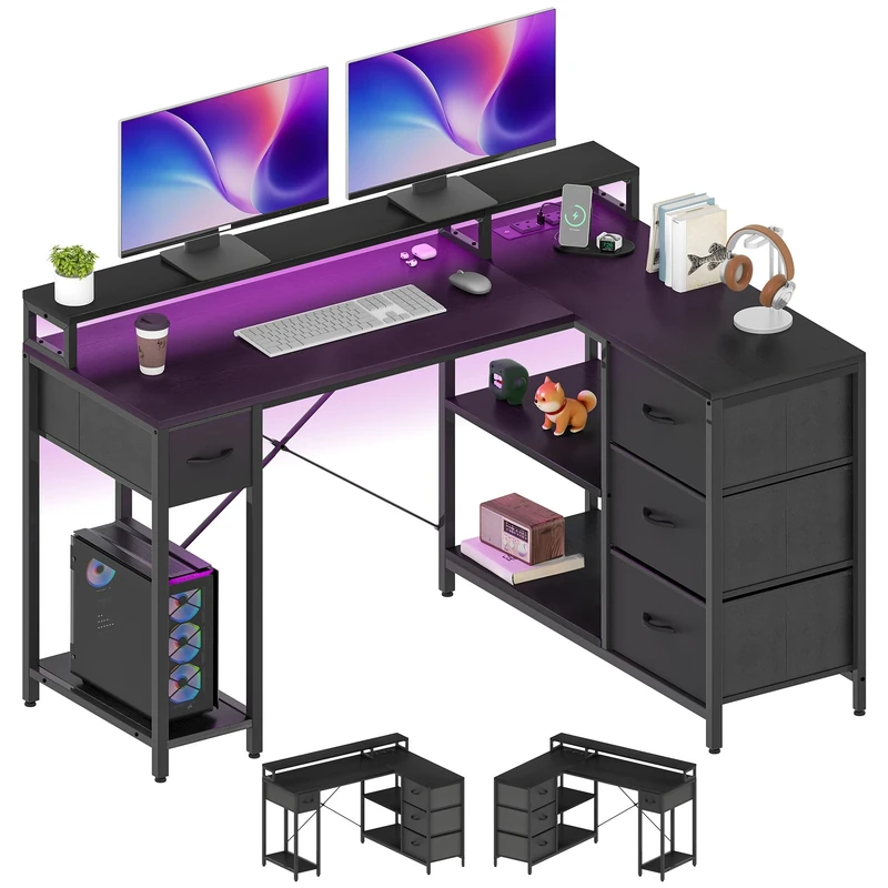 YITAHOME L Shaped Computer Desk with Drawers, Corner Desk with USB Charging Port and Power Outlet, Office Desk with Monitor Stand, 140x100cm Gaming Desks Workstations, Black