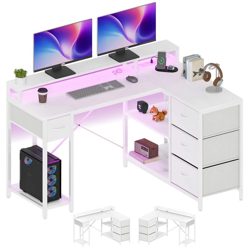 YITAHOME L Shaped Computer Desk with Drawers, Corner Desk with USB Charging Port and Power Outlet, Office Desk with Monitor Stand, 140x100cm Gaming Desks Workstations,White