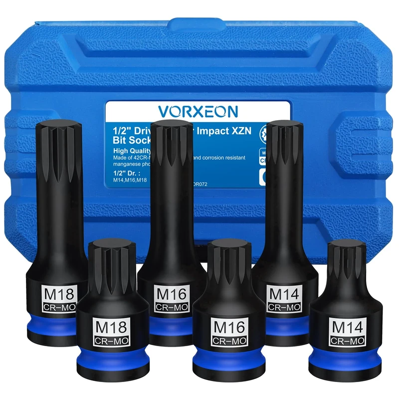 VORXEON 6PC 1/2" Drive Impact XZN Bit Socket Set 42CRMO Steel, M14 M16 M18 Sizes Impact Triple Square Spline Bit Socket Set for Garage & Auto Repair Mechanical