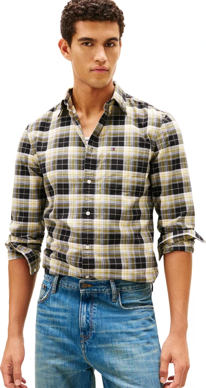 Tommy Hilfiger Men Oxford Heritage Plaid RF Shirt MW0MW41678 L/S Shirt, Black, L
