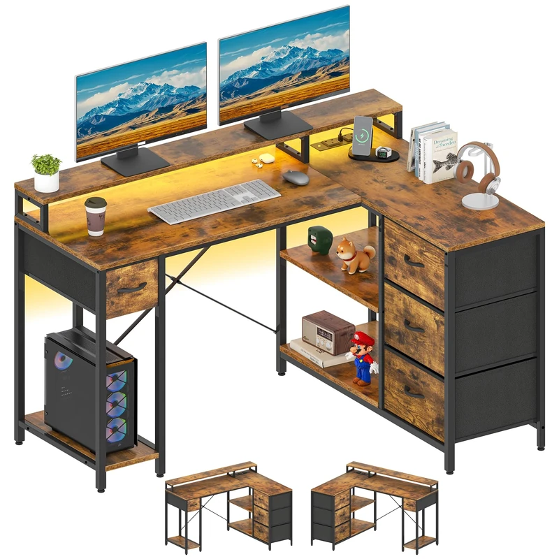 YITAHOME L Shaped Computer Desk with Drawers, Corner Desk with USB Charging Port and Power Outlet, Office Desk with Monitor Stand, 140x100cm Gaming Desks Workstations, Brown