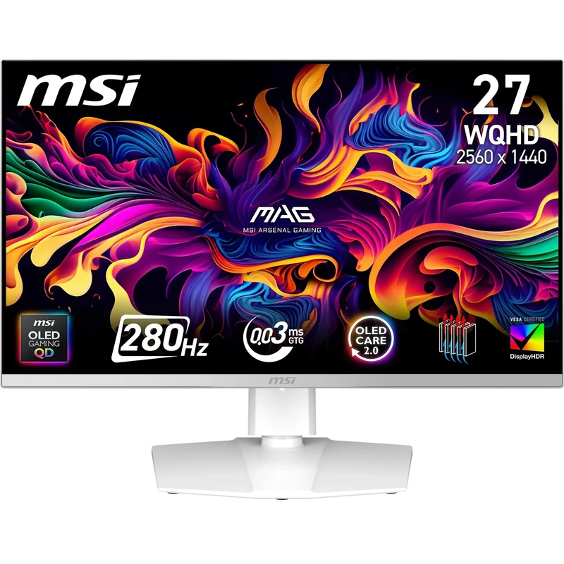 MSI MAG 272QPW QD-OLED X28 27-Inch WQHD, Gaming Monitor, 2560x1440 Quantum Dot OLED Panel, 280Hz, 0.03ms, DisplayHDR True Black 400, HDMI 2.1, DP 1.4a, USB C (15WPD), White