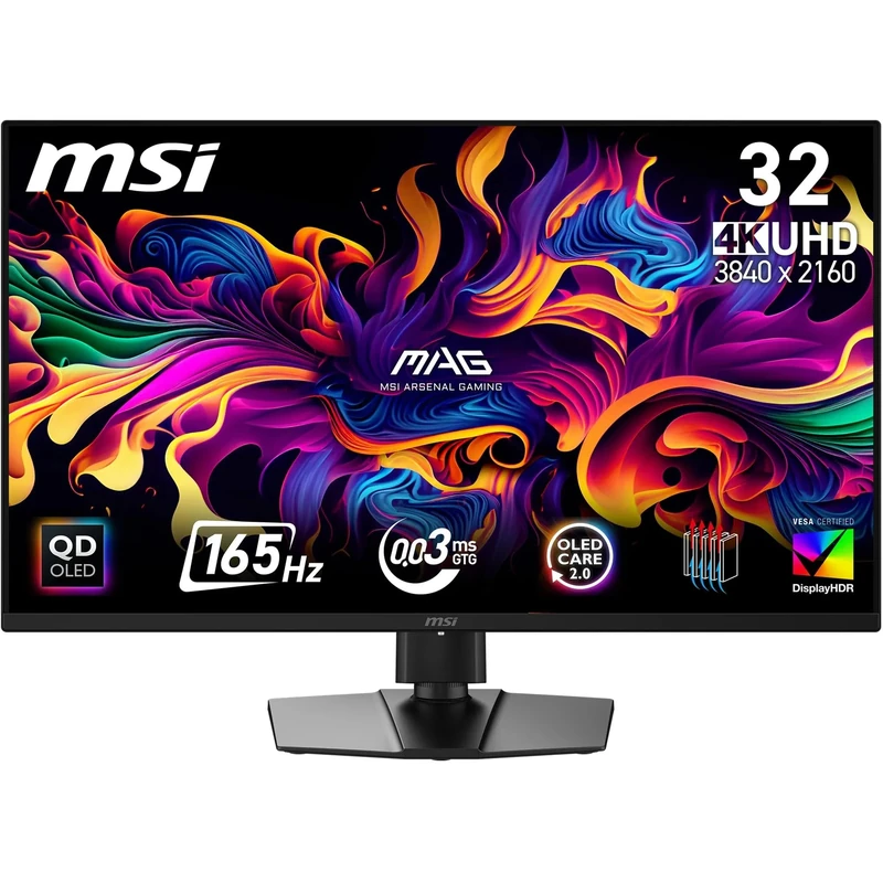MSI MAG 322UP QD-OLED E16 32-Inch 4K UHD Gaming Monitor, 3840x2160 Quantum Dot OLED Panel, 165Hz, 0.03ms, DisplayHDR TRUE Black 400, AMD FreeSync Premium Pro, HDMI 2.1, DP 1.4a, USB C (15W PD)
