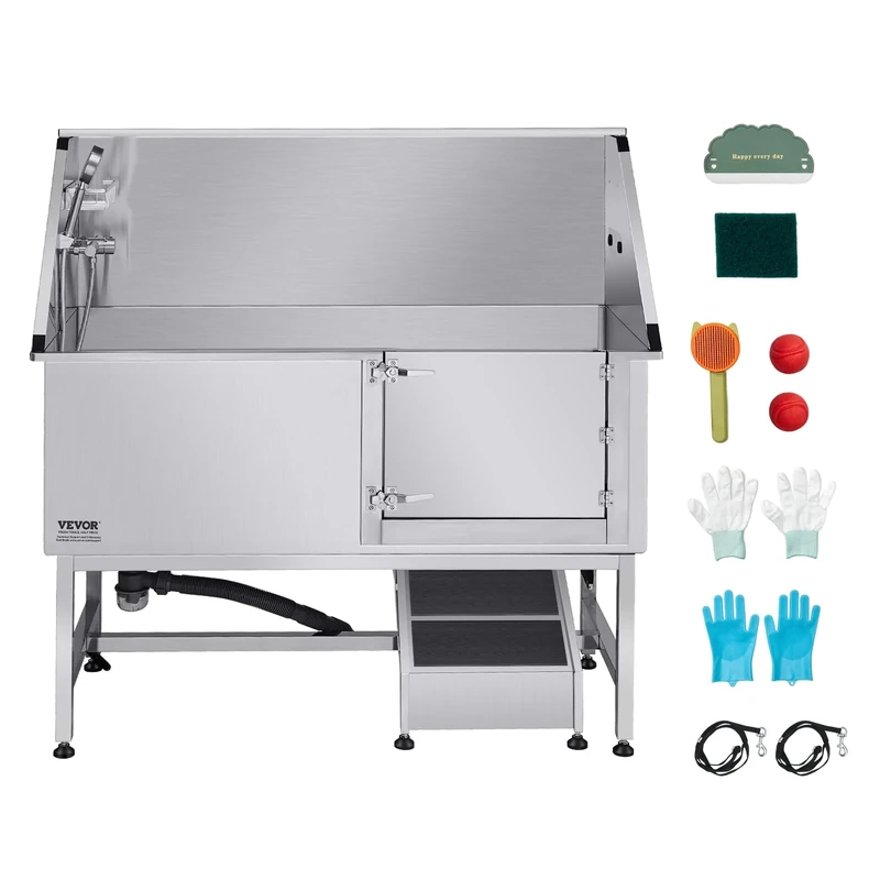 VEVOR Stainless Steel Dog Washing Station, 157.48 cm Pet Grooming Tub w/Ramp, PE Water Filter Board, Faucet & Showerhead & Soap Holder Dog Bathtub for Large & Medium & Small Pets (Right Door)