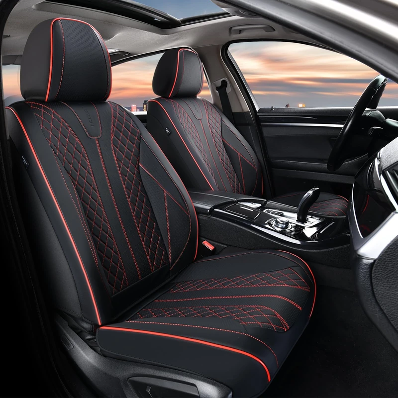 FLORICH Leather Car Seat Covers, Automotive Seat Cover 2 Pack Waterproof Seat Covers for Cars Driver Seat Cover Protectors Universal Fit for Most Cars SUV Trucks Vehicles, Black&Red Line