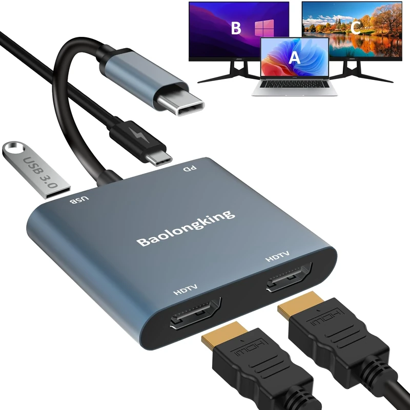 baolongking USB C to Dual HD Hub Adapter 4 in 1 Splitter for 2 Monitors,4K@60Hz,USB2.0,PD 100W Ports,Type C to Dual HD Adapter Multiport for MacBook Pro/Air Extended Display