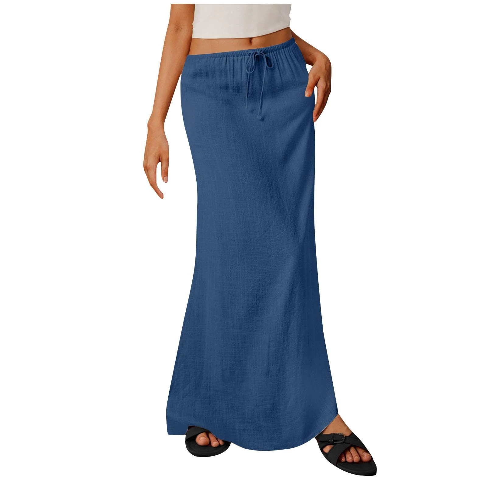 Women's Linen Skirts Ladies Summer Skirts Retro Cotton and Linen Maxi Skirt Elasticated Waist Flowy Full Length Skirt Lace up Retro Casual Half Dress UK Sale Clearance Blue