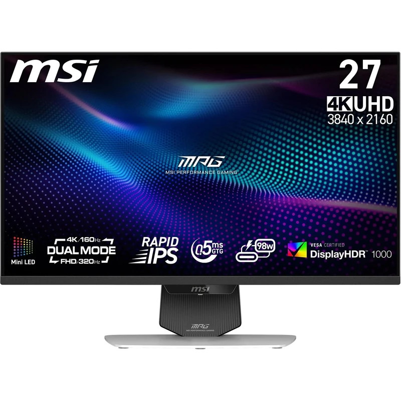 MSI MPG 274URDFW E16M 27-Inch 4K UHD Gaming Monitor, 3840x2160 Rapid IPS, 0.5ms, DisplayHDR 1000, Mini-LED, Dual-Mode, HDMI 2.1, DP 1.4a, USB C (98WPD), Tilt/Height Adjustable, White