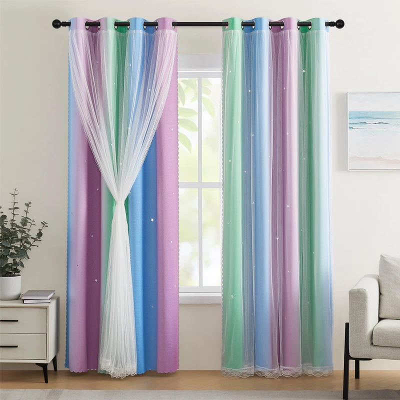 XiDi Star Curtains for Girls Bedroom Kids Decor 2 Panel Set,Blackout for Living Room Curtains Green PurpleBlue52/84/2