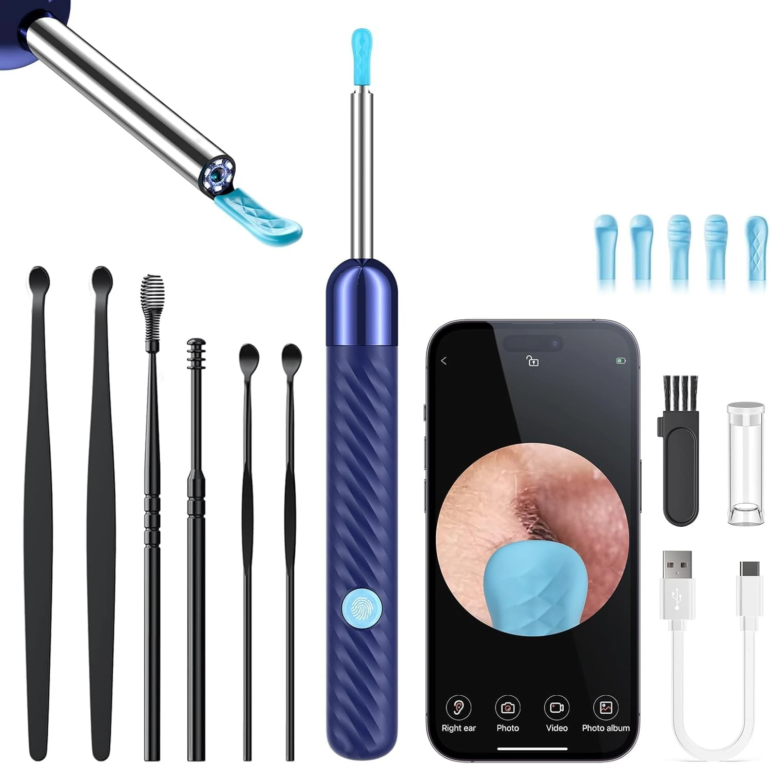 Ear Wax Removal with Camera - Ear Cleaner 1080P HD Ear Scope, Otoscope with 6 Led Lights, Ear Cleaning Kit with 6 Ear Spoon - Ear Camera for iOS & Android Blue