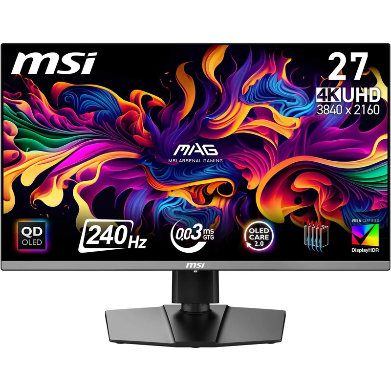 MSI MAG 272UP QD-OLED X24 27-Inch 4K UHD Gaming Monitor, 3840 x 2160, Quantum Dot OLED Panel, 240Hz, 0.03ms, DisplayHDR TRUE Black 400, AMD FreeSync Premium Pro, USB C (15W PD), Frame-less, Black