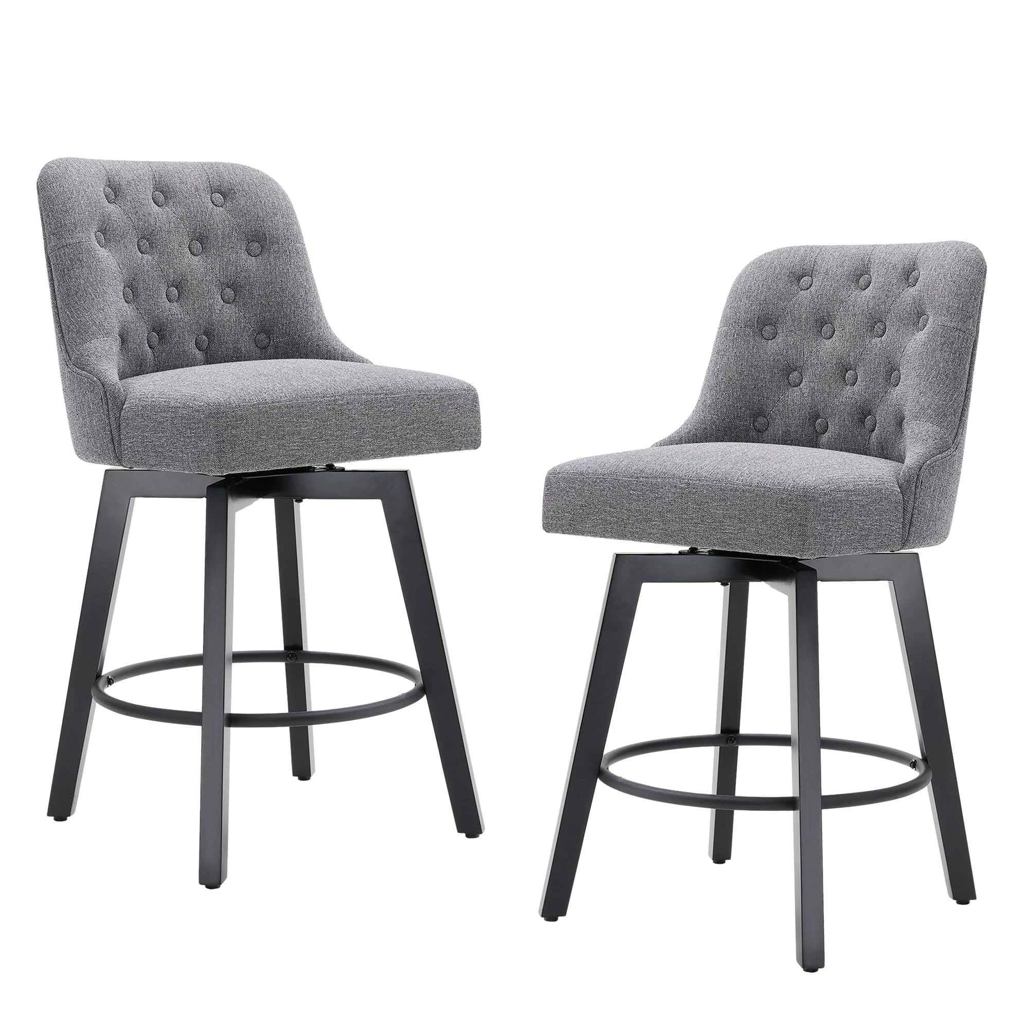 MROYAL Bar Stools Set of 2 Upholstered Bar Chairs with Footpads Armless Fabric Swivel Barstools Modern Counter Stool with Backrest and Wooden Legs Stool for Kitchen Island Living Room, 26" H, Gray