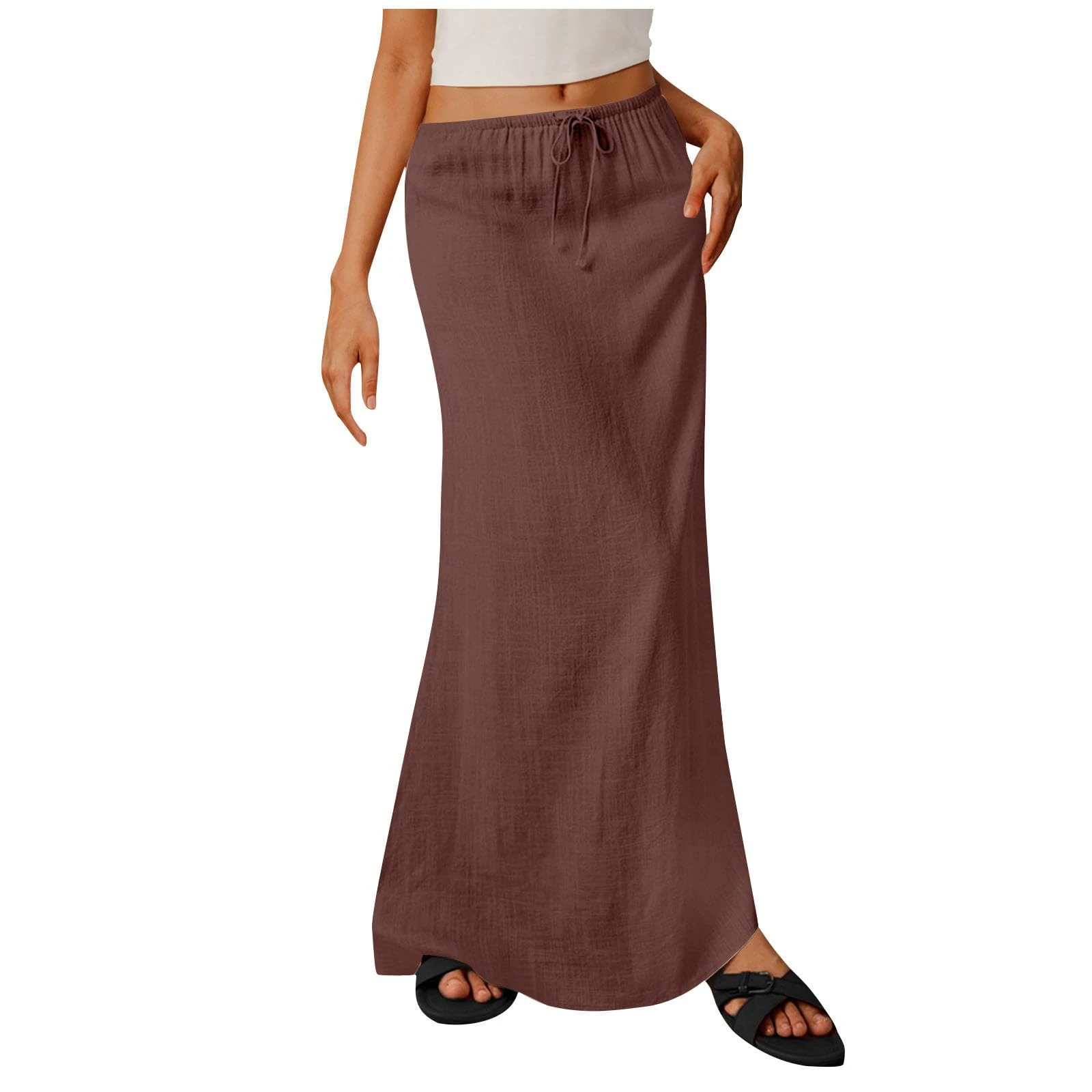 Women's Linen Skirts Ladies Summer Skirts Retro Cotton and Linen Maxi Skirt Elasticated Waist Flowy Full Length Skirt Lace up Retro Casual Half Dress Brown