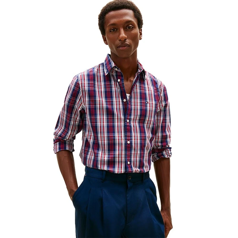 Tommy Hilfiger Men Flex POPLIN Medium Check Shirt MW0MW41712 L/S Shirt, Blue, L