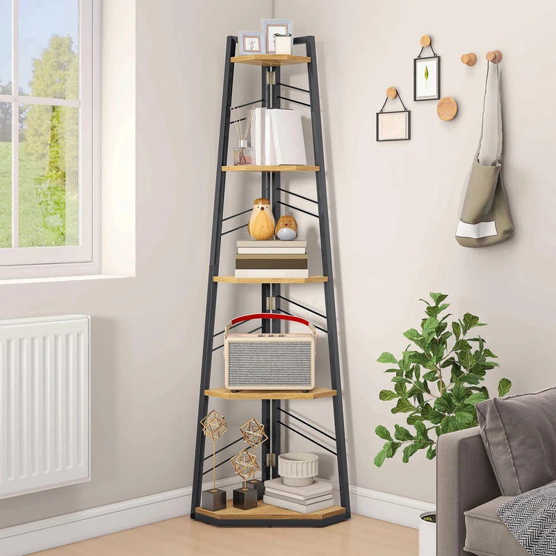 DWVO Corner Shelf 5 Tiers, Corner Bookshelf with Metal Frame, Industrial Ladder Bookcase Floorstanding Display Shelf Tall Storage Rack for Living Room Kitchen Bedroom, Oak Book Shelves