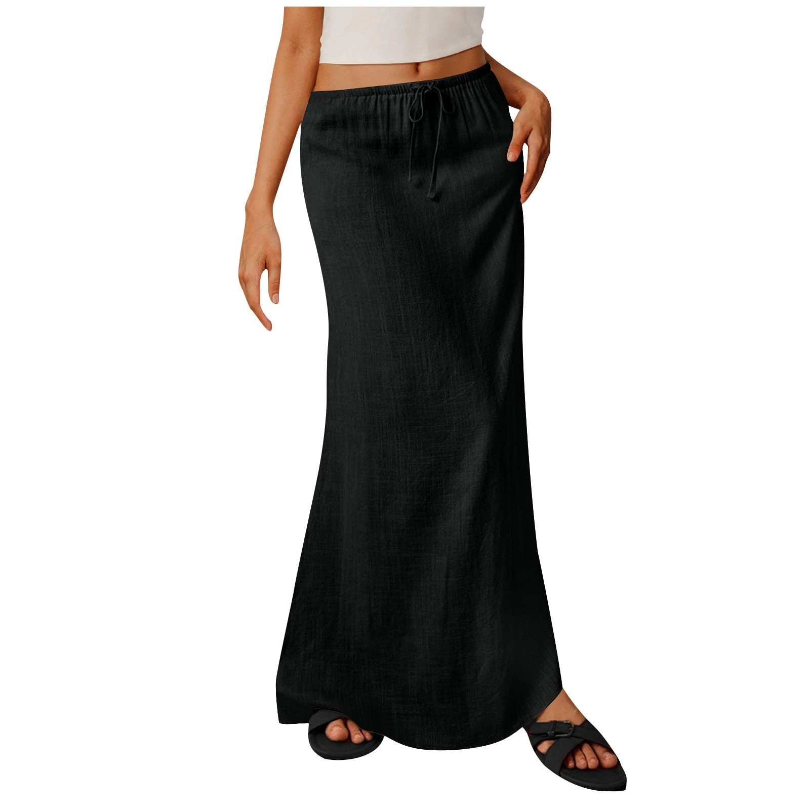 Women's Linen Skirts Ladies Summer Skirts Retro Cotton and Linen Maxi Skirt Elasticated Waist Flowy Full Length Skirt Lace up Retro Casual Half Dress Black