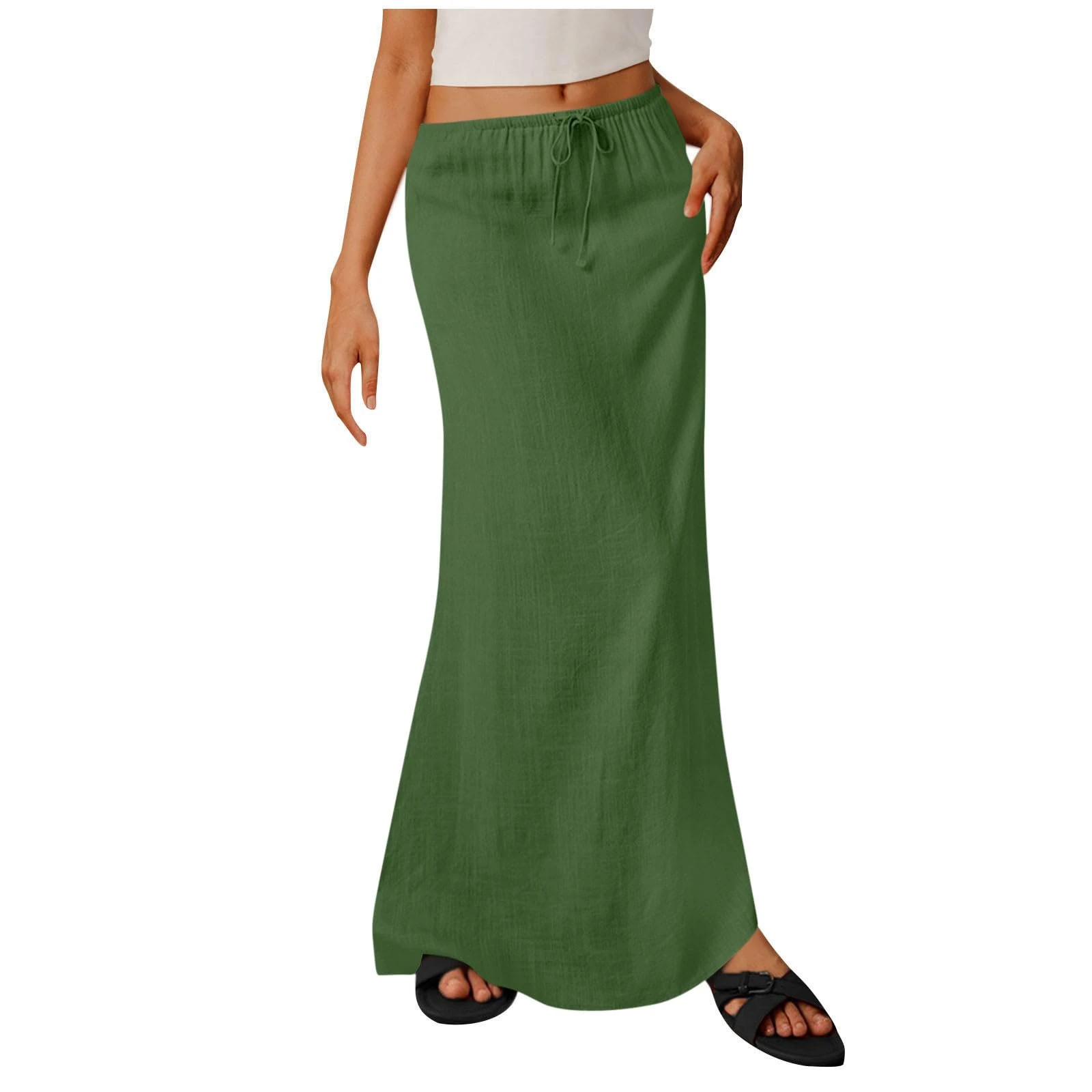 Women's Linen Skirts Ladies Summer Skirts Retro Cotton and Linen Maxi Skirt Elasticated Waist Flowy Full Length Skirt Lace up Retro Casual Half Dress UK Sale Clearance