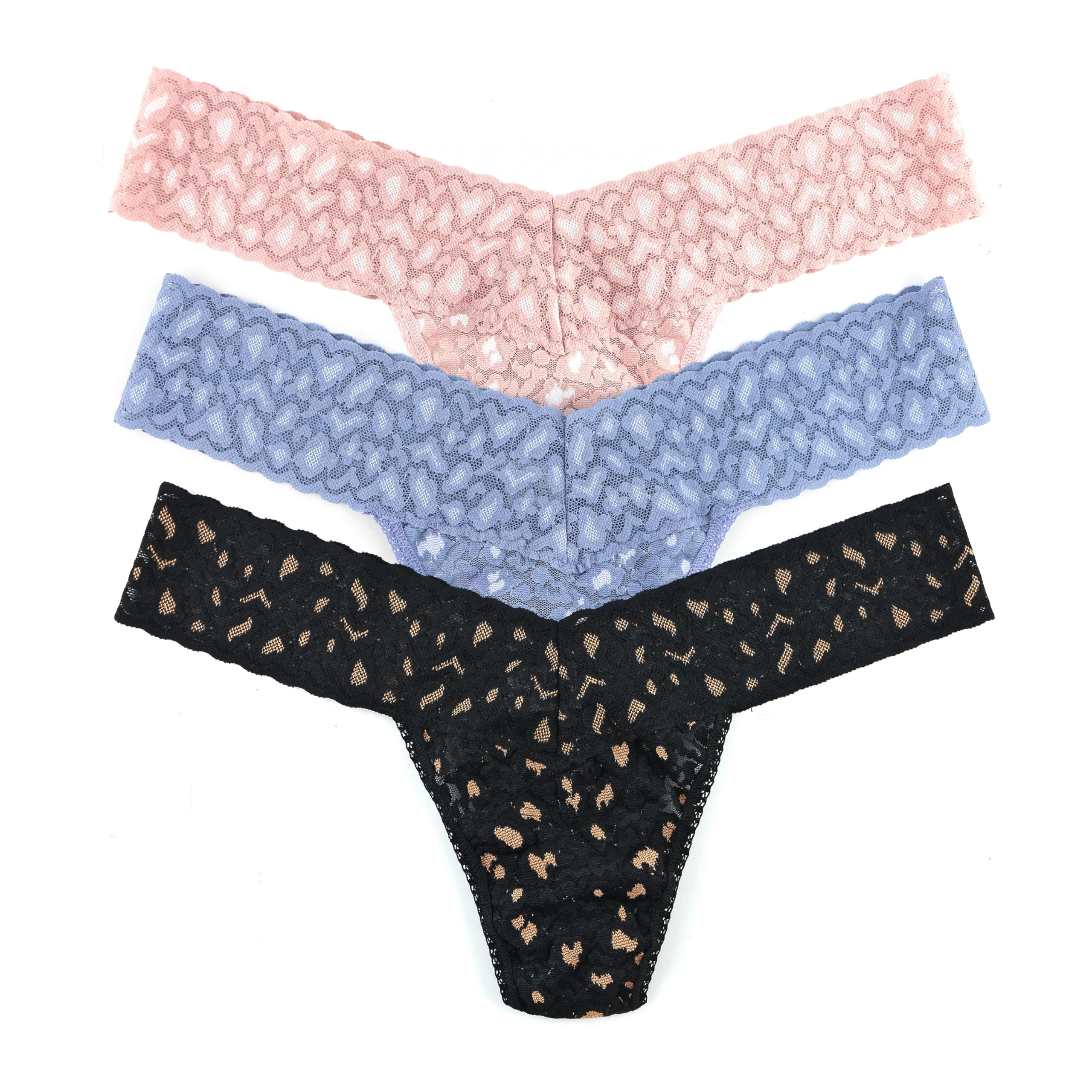 hanky panky - Daily Lace Low Rise Thongs for Women | 3 pack | Comfortable Seamless Underwear Lingerie | One Size (2-12), Black/Praline, Desert Rose/White, Stonewash Blue/Serenity Blue, One size