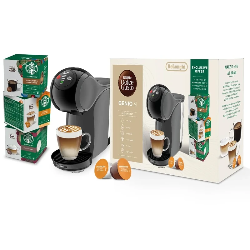Dolce Gusto by De'Longhi Genio S EDG226.A, Capsule Coffee Machine, Pod Coffee Maker with Compact Design, Removable Water Tank 0.8L, Bundle Pack with 24 Capsules Starbucks Flavours Coffee, Anthracite