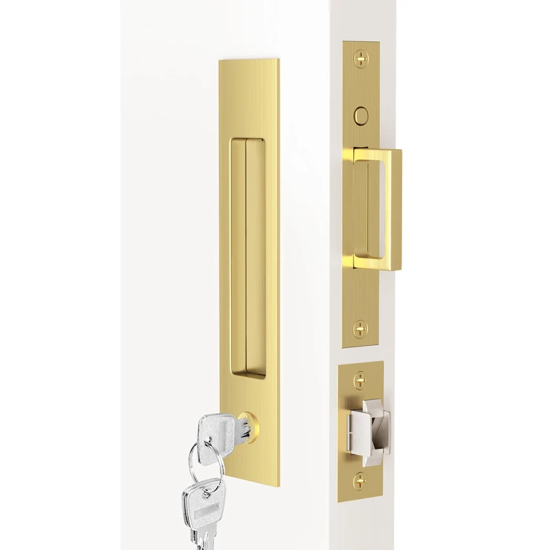 Dontay Pocket Door Lock with Key Hardware,Recessed Edge Handle,Stain Brass