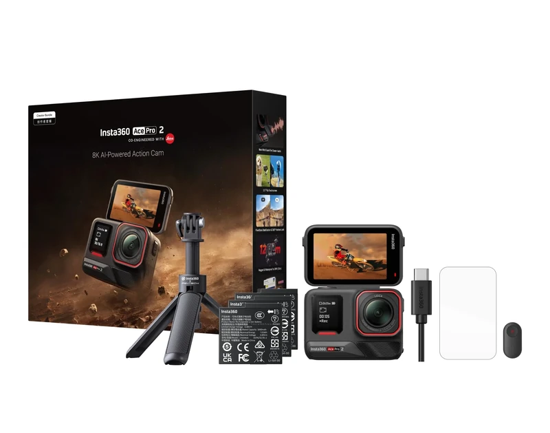 Insta360 Ace Pro 2 CREATOR Bundle -8K Action Camera with 157deg Lens, 2.5" Flip Screen & 12M Waterproof. Kit inc 3 x Batteries, 2-in-1 Tripod 2.0 + Mini Remote, Screen Protector, Type C-C Cable