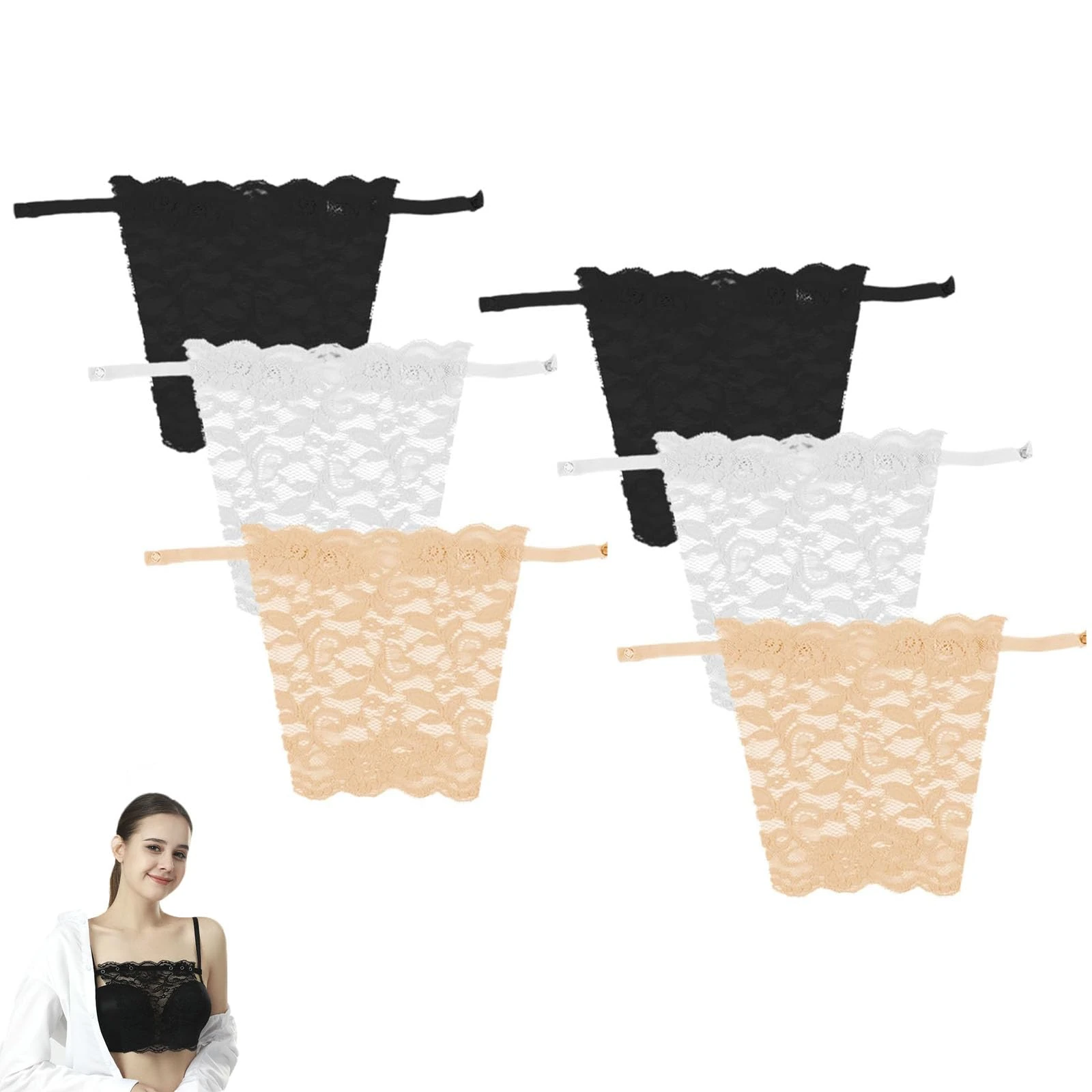 6PCS Lace Inserts for Low Cut Tops Cover Up for Dresses Adjustable Lace Cami Top with Snap Closure Soft Trim for Office, Outdoor Versatile Use