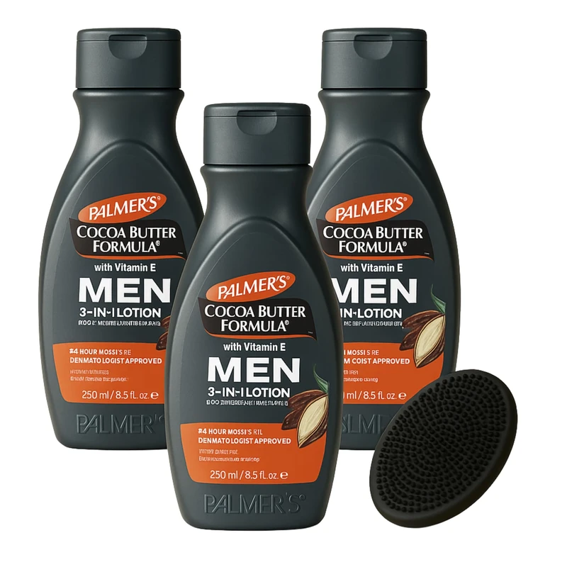 Palmer's Cocoa Butter Moisturiser Men's Lotion bundle | 3x Palmers Cocoa Mens Body Moisturiser & 1x Facial Scrub Brush - Cocoa Butter Moisturiser by Palmers Coconut