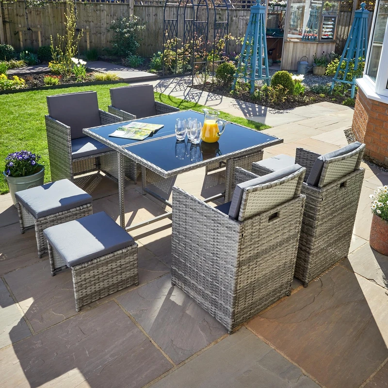Home Source Pebble Rattan Garden Set 9 Piece – Grey, Steel Frame & Tempered Glass Table | 4 Chairs, 4 Stools, Seats 8 | Patio Set