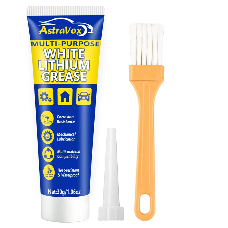 AstraVox White Lithium Grease, Multi-Purpose Lubricant Lithium Grease with Brush for Hinges, Bearings, Gears, Ideal for Automotive, Marine, Industrial, and Household Use (1.06oz) (1)