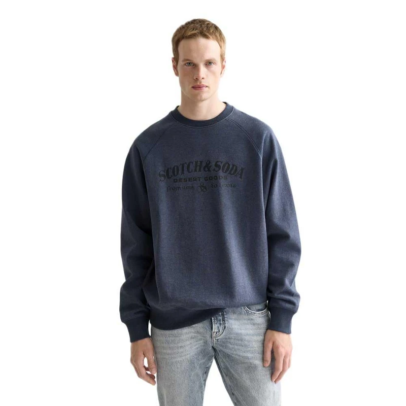 Scotch & Soda Men's Front Artwork Relaxed-Fit Crewneck Sweatshirt, Carbon Melange, XXL