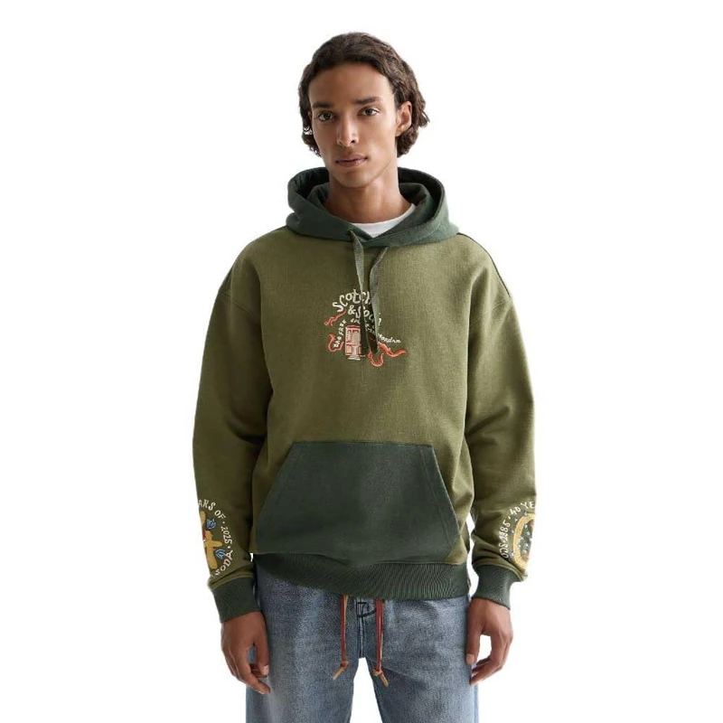 Scotch & Soda Men's 40th Anniversary Embroidered Relaxed Fit Hooded Sweatshirt, Olivine 250, M