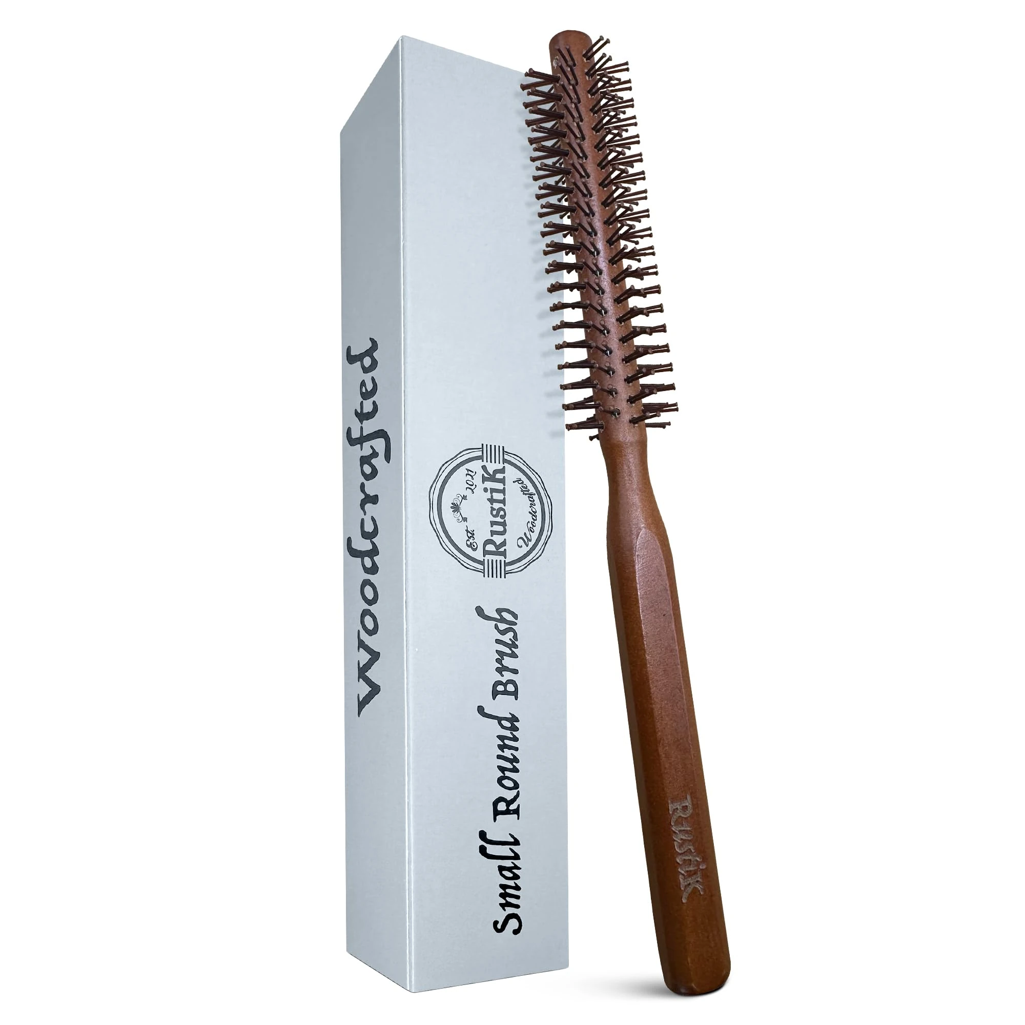 Small Round Brush by RustiK, Barrel Hair Brush for Blow Drying, Men Beard Brush, Professional Styling Brush for Smoothing, Curls, Bangs, Short Hair. Eco Friendly, Quiff Roller, Wooden Handle.