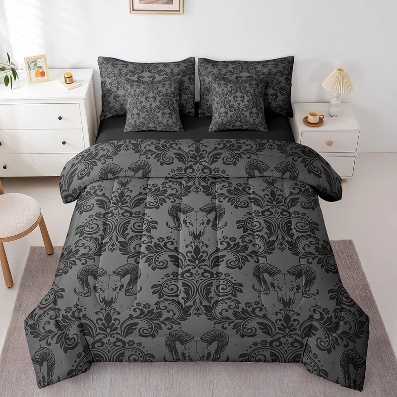 Feelyou Adults Gothic 7 Pieces Comforter Set Queen Size Dark Olive Green Damask Goat Head Bohemia Boho Bedding Set Goth Vintage Victorian Baroque Floral Bed in a Bag